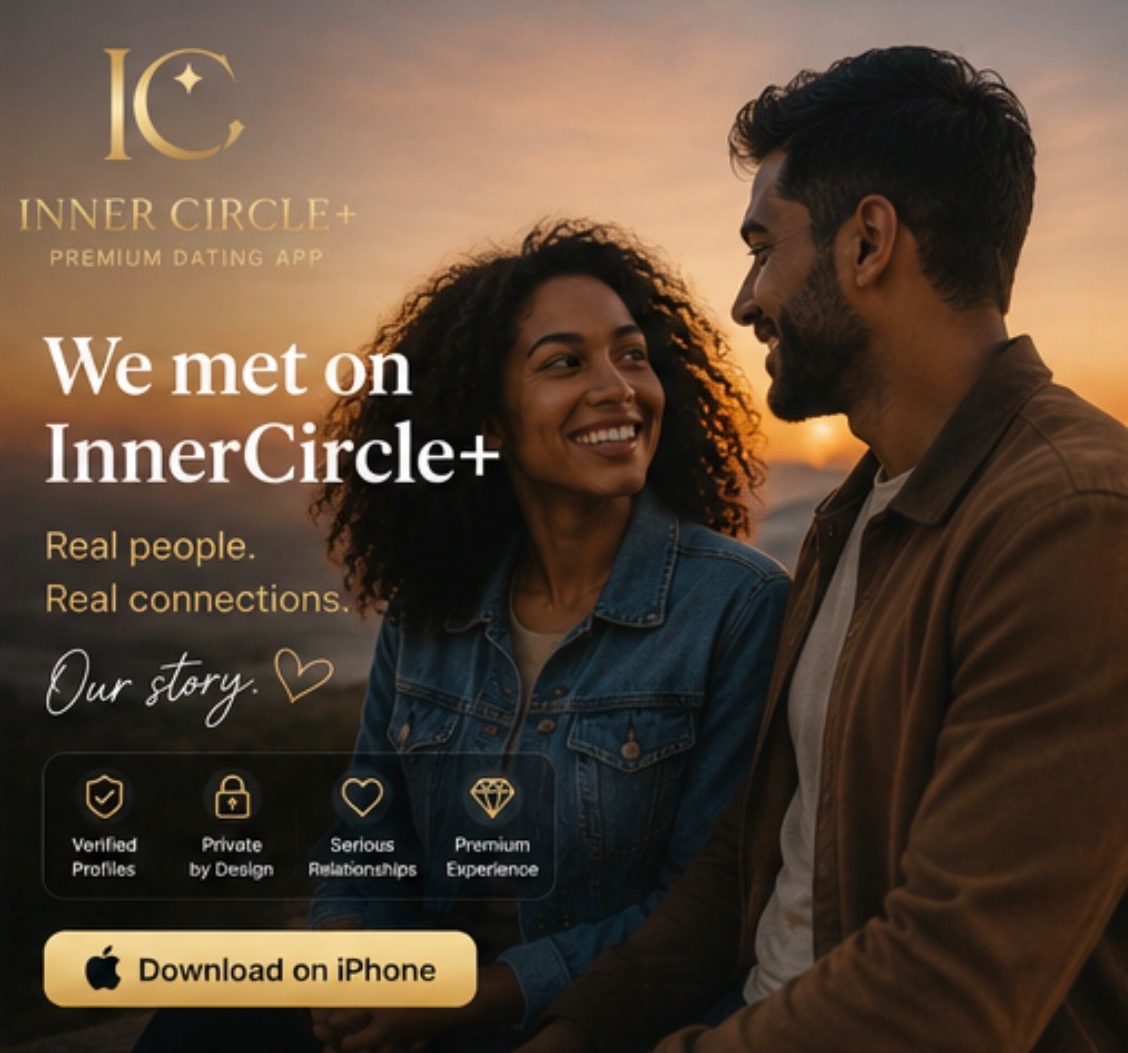 InnerCircle+ promo: a smiling couple at sunset with the gold IC logo and the line 'We met on InnerCircle+. Real people. Real connections.'